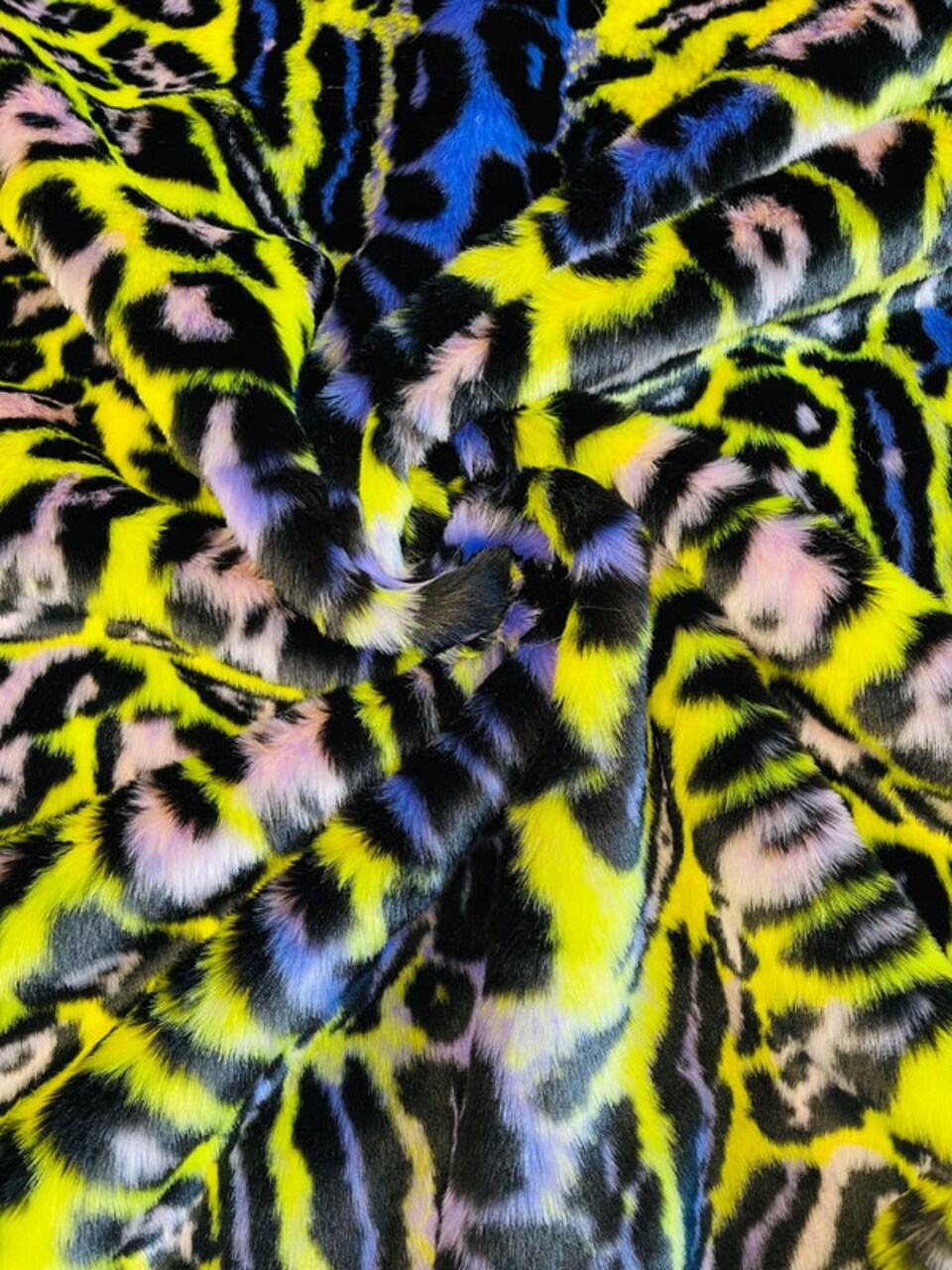 1 Yard Leopard Tie Dyed Faux Fur Fabric Black Light Reflective for Costumes and Decor